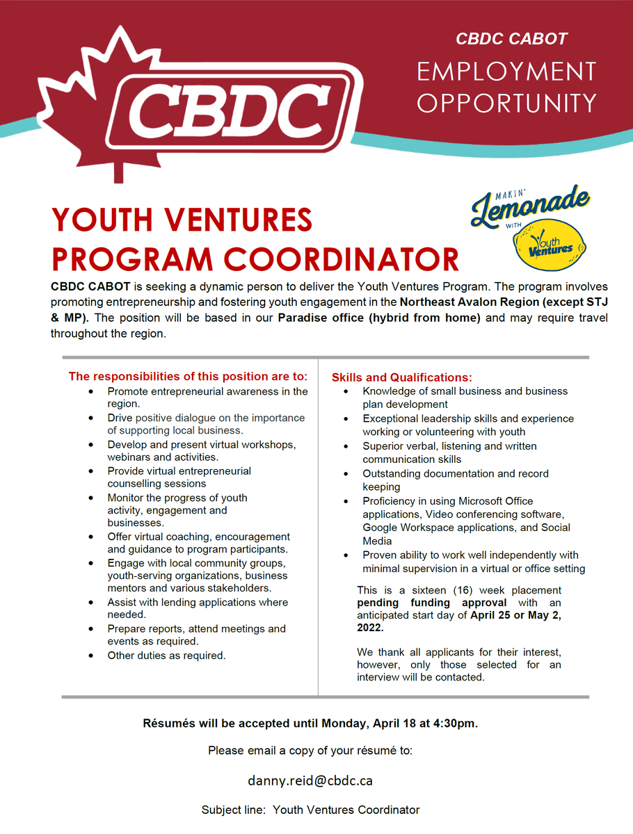 CBDCCabot's tweet photo. We're hiring for our #youthventures coordinator Summer position! We know one lady who cares about #youth and #business and our beautiful province.... @judy_foote can we get a like or heavens above, a retweet? #shootyourshot @YouthVentures https://t.co/LaxmLcybNs