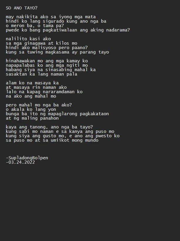SO ANO TAYO?

<a href="/RPS_042716/">Raconteur Poet Soc.</a>