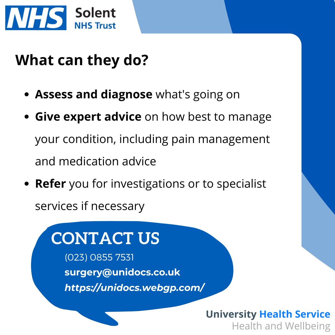 UnivHealthServ's tweet photo. Have you suffered a recent injury or a flare up of an old problem?

Ask us about the new MSK First Contact Practitioner service for quick direct access to Telephone or Face-to-Face appointments with a physiotherapist.

Contact us today: https://t.co/zqjobLmY1V

#nhs https://t.co/jylfX9xZhv