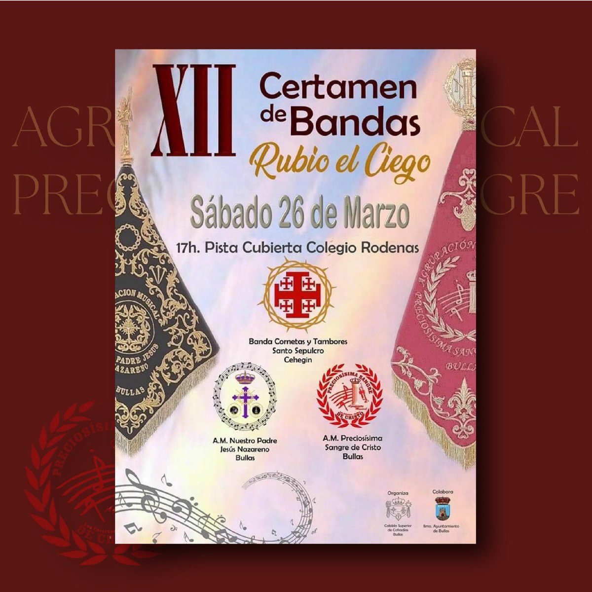 El próximo Sábado 26 participaremos en el XII Certamen de Bandas Rubio el Ciego.

Disfrutaremos una tarde repleta de música junto a <a href="/LosMoraosbullas/">AA.MM Los Moraos</a> y <a href="/ssepulcrocehegi/">Santo Sepulcro Cehegín</a> .

⏰: 17h.
📍: Pista Cubierta del Colegio Ródenas (Bullas)

🎶¡Os esperamos!