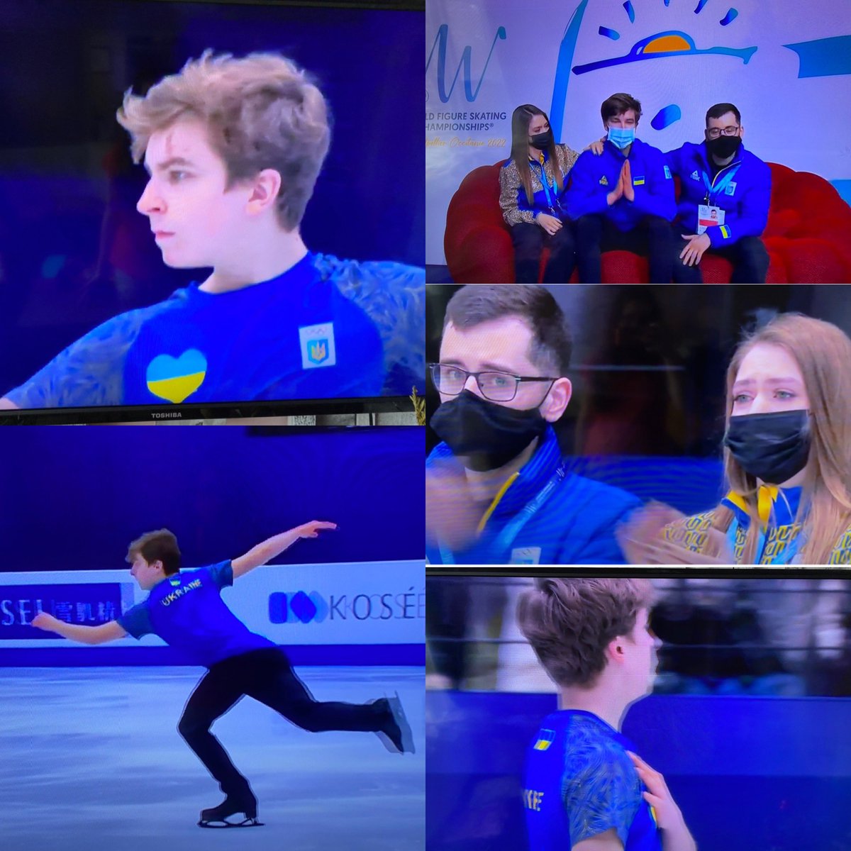 bri_mercer's tweet photo. It is so emotional watching the Ukrainian skaters here at #WorldFigure2022. Ivan Shmuratko competed in his practice shirt today to have Ukraine properly shown. The flags in the arena, all of the cheering, the tears from his coaches. Wearing their emotions on their sleeves. 🇺🇦⛸🌍 https://t.co/a05x4eegyV