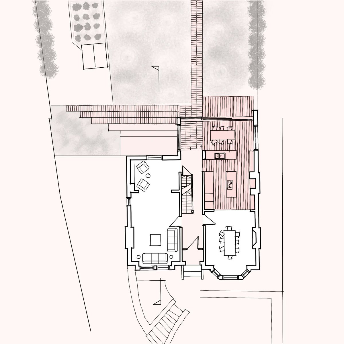 KelsallArch's tweet photo. A #concept plan for a new extension and Spanish steps takes advantage of unusual existing topography levels, while drawing in views of the rear terraced garden right through to the front of this family #home in Hyde. ✏️✏️ 

#architecture #residential #design #sketch #layout https://t.co/BioHfLl8No