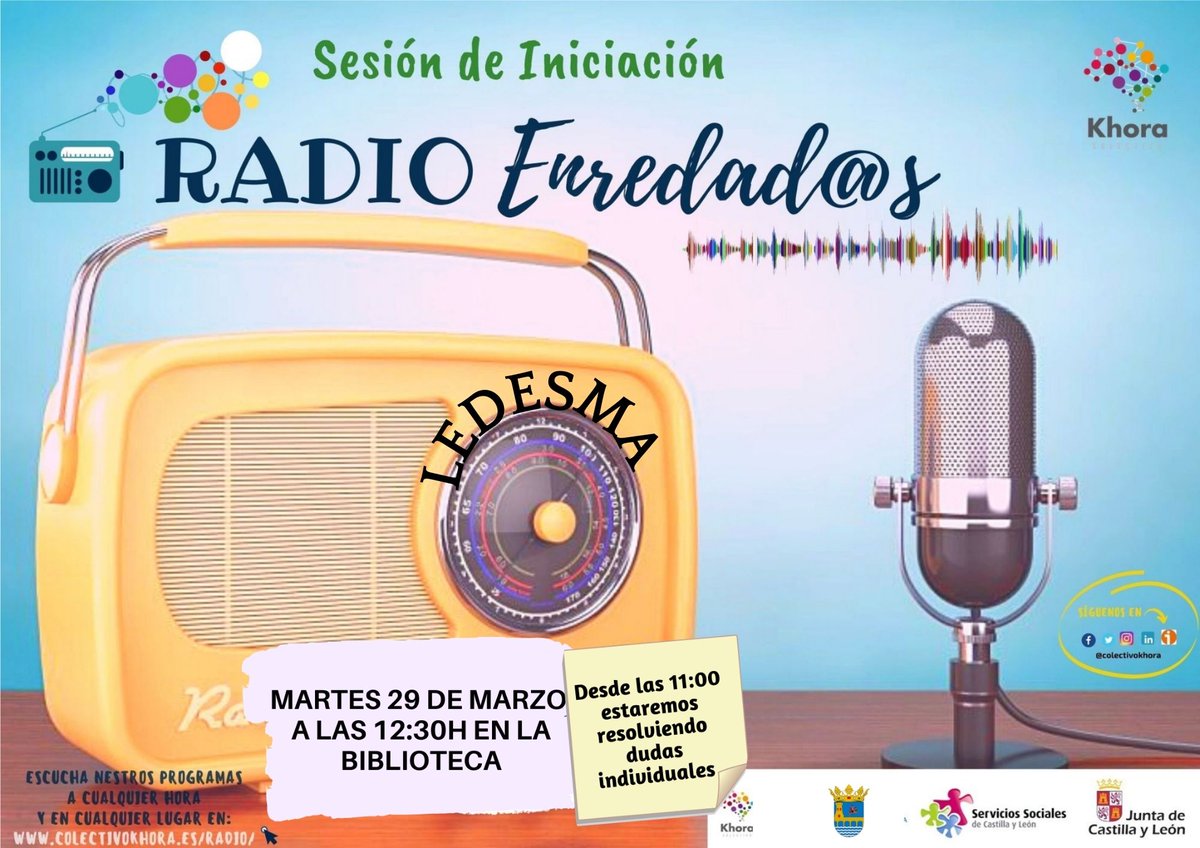 El martes 29, nuevas propuestas:
- A las 11 Dudas personalizadas sobre nuevas tecnologías.
- A las 12:30 h. Taller iniciación radio.
¿Te apetece?
<a href="/KHORA_Colectivo/">ColectivoKhora</a>