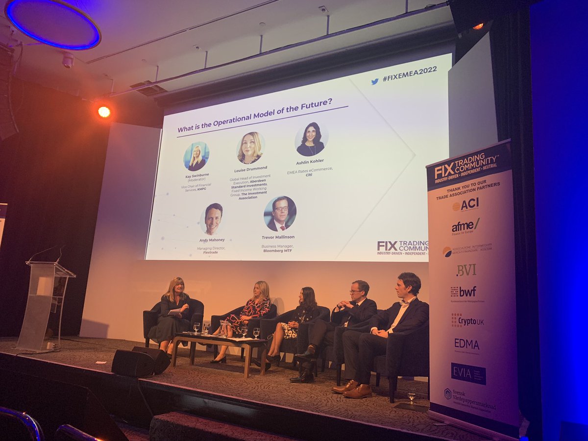 <a href="/KaySwinburne/">Kay Swinburne</a> moderating at #FIXEMEA2022 unintended consequences of <a href="/esma/">Emily Esma Zengin</a> #levelplayingfield discussions - risk of stifling tech innovation in #eucapitalmarkets majority reject venues  need more regs - tech is base requirement for trading <a href="/Citi/">Citi</a> @abrdnInv_UK <a href="/FlexTrade/">FlexTrade Systems</a> @bloomberg