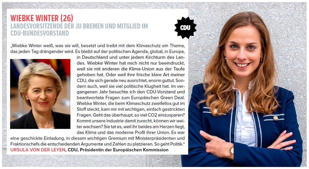 Unser heutiger #RisingStar ist <a href="/wiebkewinter/">Wiebke Winter</a>. Die Landesvorsitzende der <a href="/JU_Bremen/">JU Bremen</a> ist gleichzeitig Mitglied im Bundesvorstand der <a href="/CDU/">CDU Deutschlands</a>. Für <a href="/vonderleyen/">Ursula von der Leyen</a> die richtige Wahl: "Weil ihre frische klare Art meiner CDU, die sich gerade neu ausrichtet, enorm guttut."
