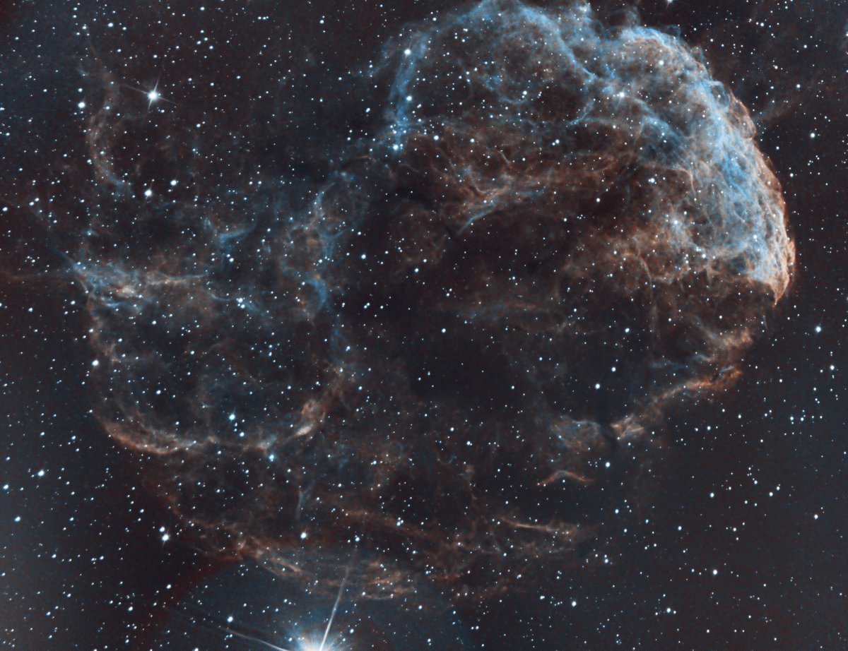 tombardier's tweet photo. This was my target last night. I'm impatient, so I just blatted my way through a quick process to see what it might look like. I haven't been too careful with NR etc. #IC443, the #Jellyfish Nebula in narrowband. 20x240s in Ha, SII, and OIII. #ASI1600MM, #EQ6-R Pro, SW #200P. https://t.co/JH9redpYIz