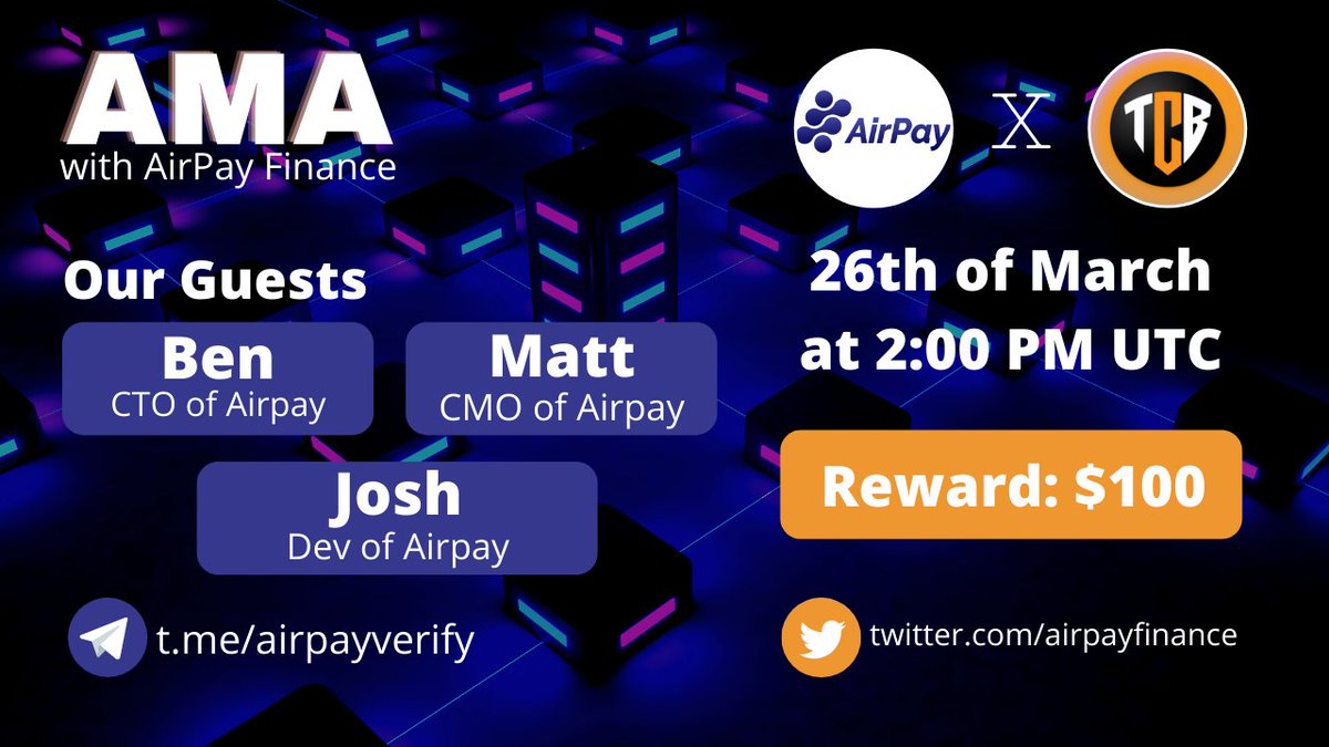 We are excited to announce our next #AMA with <a href="/AirpayFinance/">AirPay Finance</a> on 26th March, 2:00 PM UTC.

🎁Reward: $100 BUSD
🏛️AMA Room: t.me/CryptoBladeChat

Rules:
☑️Follow <a href="/TheCryptoBlade/">Crypto Blade</a> &amp; <a href="/AirpayFinance/">AirPay Finance</a>
☑️Like &amp; Retweet this Announcement
☑️Comment Questions (Max 3) &amp; Tag 3 Friends