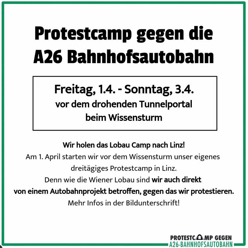 rajvlinci's tweet photo. Wir holen das Lobau Camp nach #Linz!
Freitag, 1.4. - Samstag, 3.4.
> beim drohenden Tunnelportal vor dem Wissensturm
> Aufbau startet um 8 Uhr 
> Pressekonferenz um 5 vor 12
#VerkehrswendeJetzt #noA26 #NeinZurA26 #LobauBleibt #Autokorrektur
https://t.co/8muUEu8sv2 https://t.co/ERQQ1vJMBt