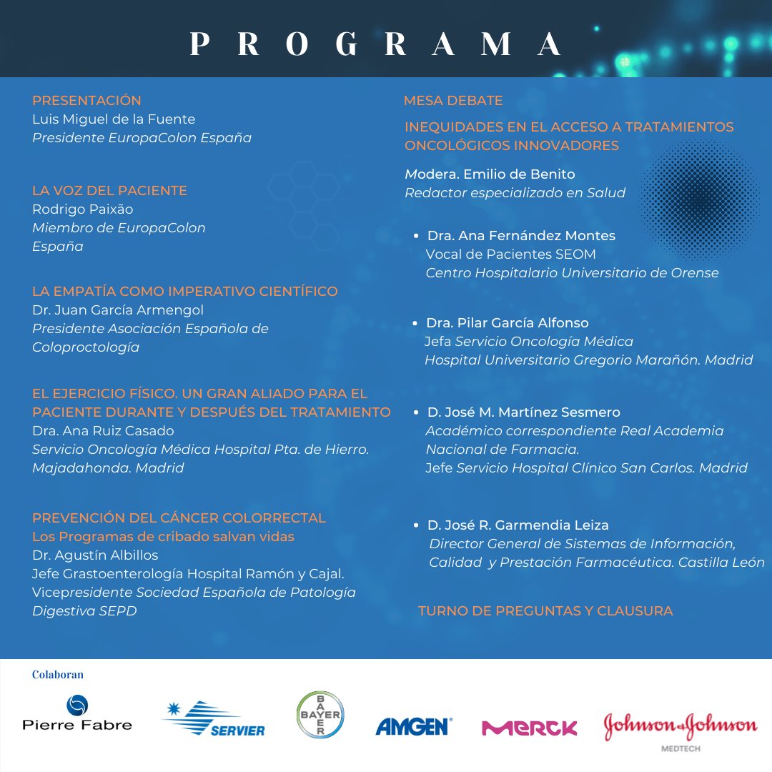europacolon_es's tweet photo. 31 de marzo 17.30 19.30. Jornada Día Internacional del Cáncer Colorrectal. El cáncer de Colon en modo Ón: Prevención, Innovación, Humanización por 
@europacolon_es con aval institucional @_SEOM
@sepdigestiva @AECP_FAECP en @CaixaForum
#Madrid Regístrate👉secretaria@europacolon.es https://t.co/mmLFEqBNXE