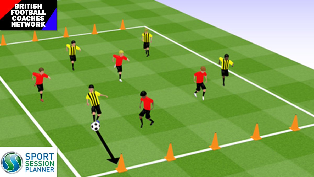 Each team has a line of tall cones to defend. The teams compete to knock over the opposition’s cones by kicking the ball at them.
