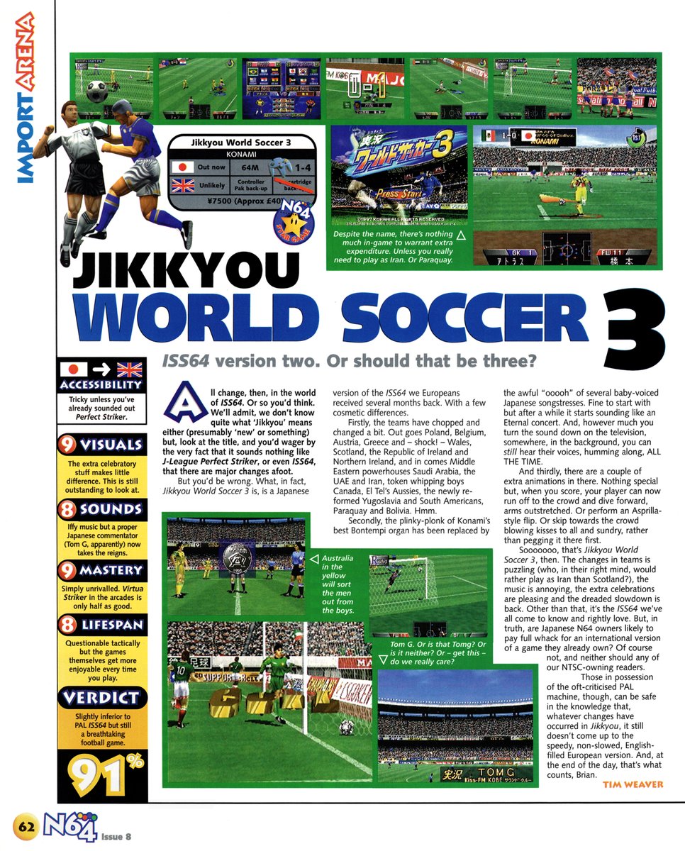 H_B_F_S_'s tweet photo. ⏪ From November '97, it's Japan's turn for ISS 64.

Perfect Eleven (ISS) and Fighting Eleven (ISS Deluxe) are your World Soccers 1 and 2, respectively, for reference.

Confusing. Much like the changing of the teams here.

#RetroISS #RetroGaming #N64 https://t.co/nw3RjnXtWs