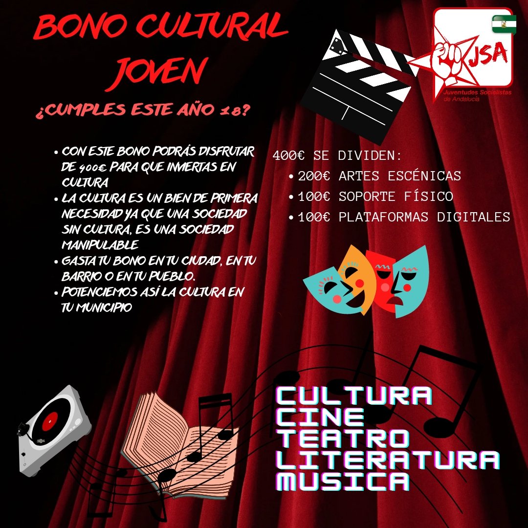 🎻🎭🎬🅱🅾🅽🅾 🅲🆄🅻🆃🆄🆁🅰🅻 🅹🅾🆅🅴🅽🎬🎭🎻
👉Si este año cumples 18 años puedes solicitarlo🥳
👉400€ se dividen
👉200€ Artes escénicas
👉100€ Soportes físico
👉100€ Plataformas digitales 
🎭Disfruta d la cultura en tu pueblo, barrio o ciudad🎭
🌹Gracias <a href="/sanchezcastejon/">Pedro Sánchez</a>