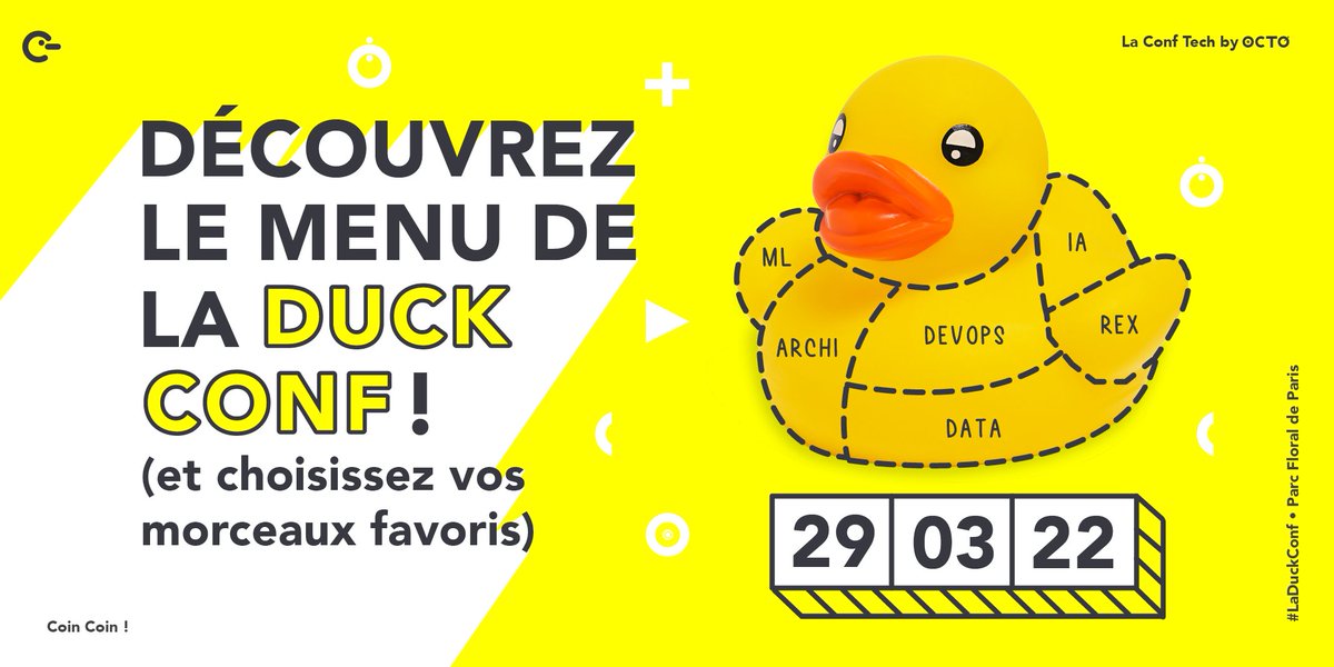 [#LaDuckConf] J- 5 avant La Duck Conf ! 🤩

🐥 Au menu cet année ? SRE, super-apps, Machine Learning, et bien plus encore...

🗣 Si nous n'avez pas encore pris vos place, c'est le moment, il nous en reste quelques unes ! 

➡️ bit.ly/3qnQrOf