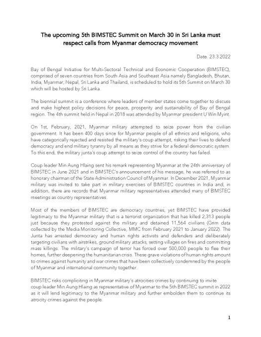 SavanaHMHA's tweet photo. Members of BIMSTEC are democracy countries BIMSTEC have provided legitimacy to Junta which obviously is terrorist organization that has killed 2,313 civilians just for protesting against. #2022Mar24Coup  #ICRC_HelpYouthActivists  #WhatsHappeningInMyanmar https://t.co/H37OmJ3ag2