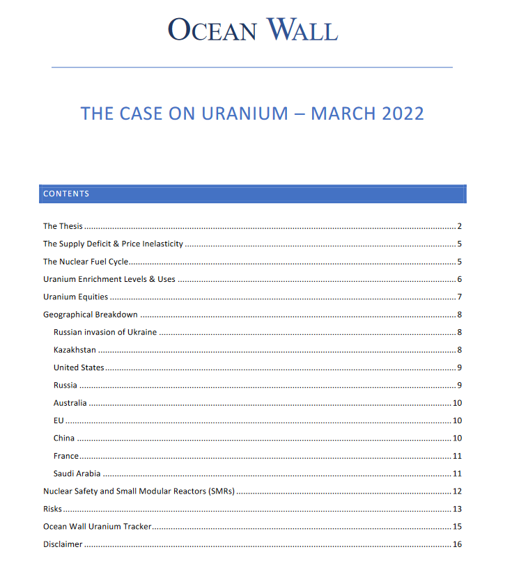quakes99's tweet photo. CEO Nick Lawson of Ocean Wall in London🇬🇧 has published a comprehensive overview of the #Uranium #investing thesis.👨💼 Definitely worth a download and read thru.👇🤠🐂 #Nuclean #mining #SupplyShock #NuclearRenaissance #EnergySecurity #NetZero #EnergyTransition #ESG 🏄♂️ https://t.co/DzWsflwKqv