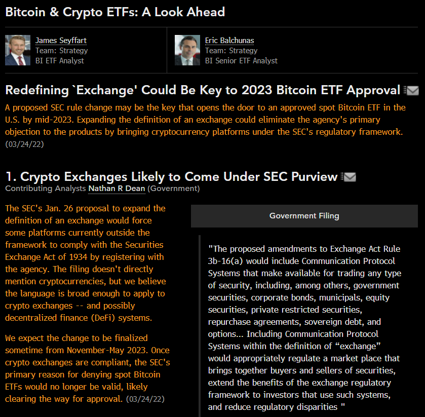 New note out on why we think spot bitcoin ETFs will get approved in early Summer 2023. The SEC is proposing to expand the definition of "exchange" which would bring crypto platforms under SEC reg. After that (which could take a year) look for ETFs to get green light via <a href="/JSeyff/">James Seyffart</a>