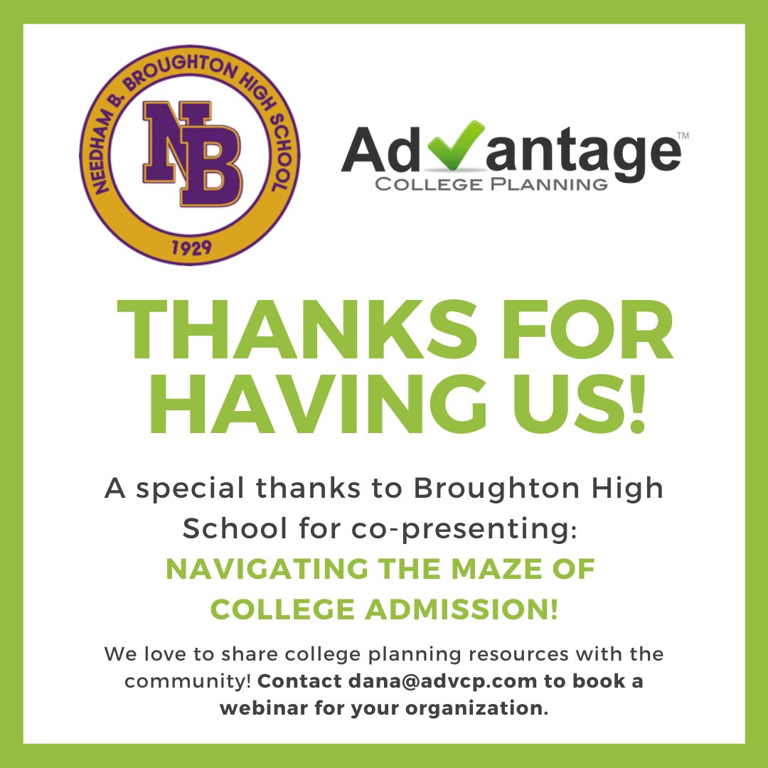 ADVCollegePlan's tweet photo. Thank you, Broughton High School, for co-presenting Navigating the Maze of College Admission! 

Is your organization interested in hosting a similar program? DM us and we will get it set up!

#HScollegecounseling #NCcollegepros #NCcollegetips @BroughtonHS https://t.co/K9TjMns0af
