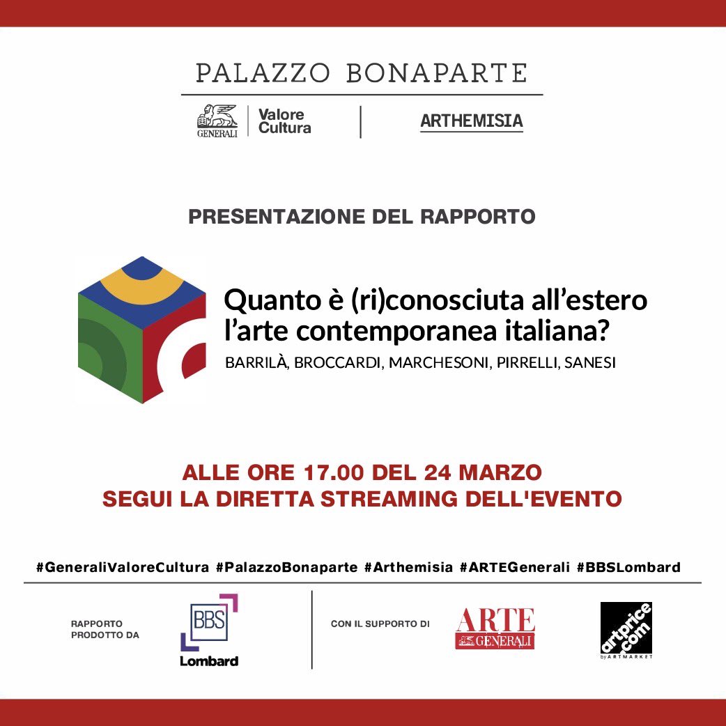 Oggi pomeriggio a #PalazzoBonaparte per la presentazione del rapporto “Quanto è (ri)conosciuta all’estero l’arte contemporanea italiana?”

Dalle ore 17 in diretta streaming qui 👉 youtube.com/watch?v=CzI4UY…

#GeneraliValoreCultura #ARTEGenerali #BBSLombard #adv