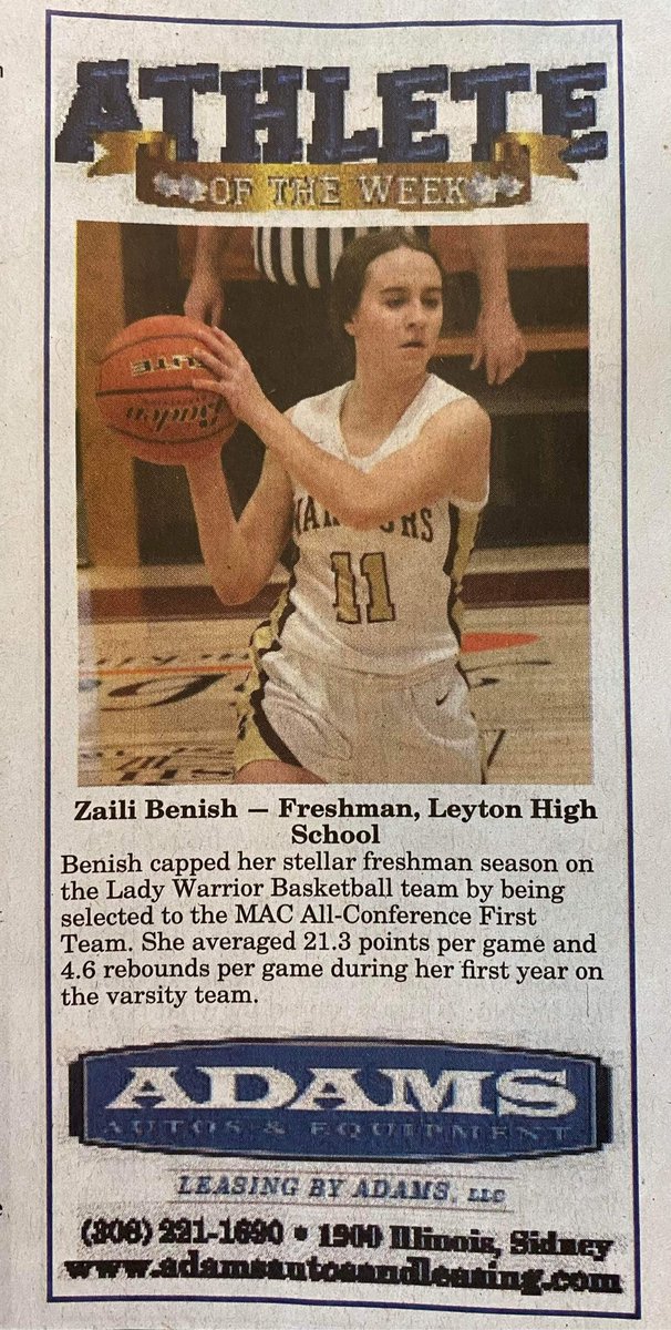 Congratulations Zaili Benish!! What a great Freshman season. Warrior Country is proud of you!!