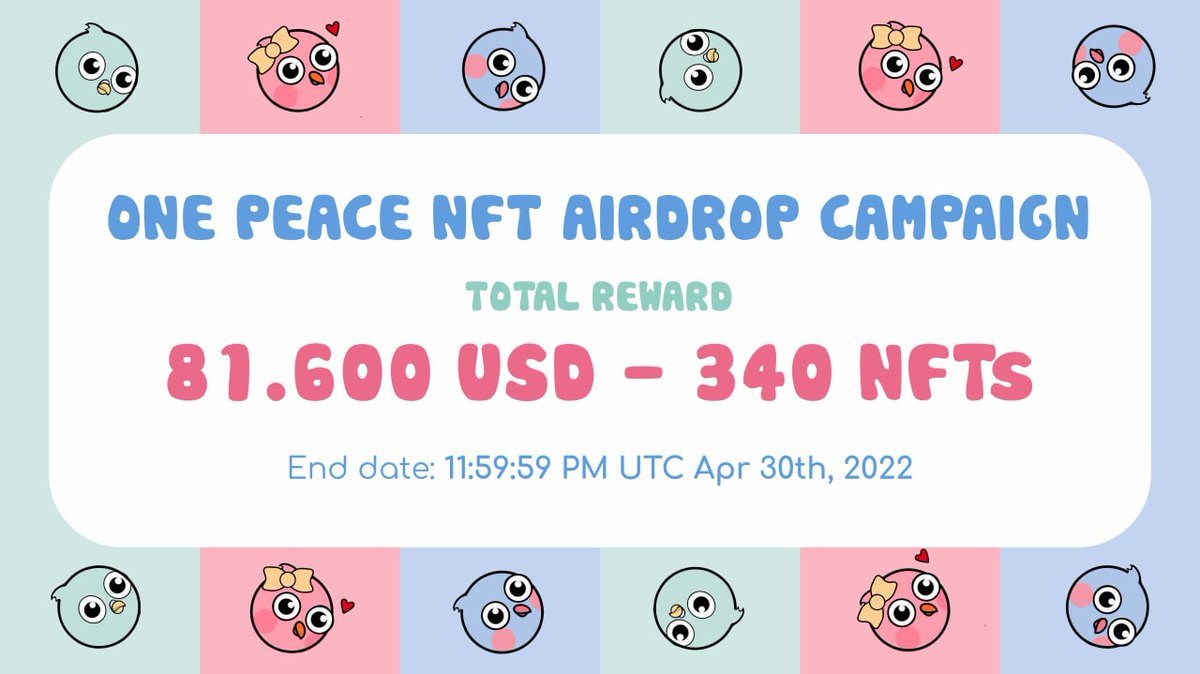 🚀 Airdrop: One Peace NFT
💰 Value: 250 NFTs
👥 Referral: 90 NFTs
📊 Market: Opensea, Looksrare
📒 Partnership: Asia Lion, Grace Capital
📅 End Date: 30th April, 2022

Talk with the Telegram Bot
t.me/OnePeaceNFTAir…

#Airdrop #Crypto #Airdrops #cryptocurrency #giveaway