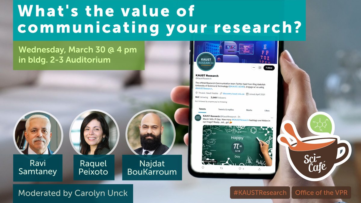 KAUST (@kaust_news) on Twitter photo MARK YOUR CALENDAR 🗓️ on March 30 for the next edition of #SciCafeKAUST. Join our host <a href="/CarolynUnck/">Carolyn Unck</a> & panelists Prof. <a href="/peixotors/">Raquel Peixoto</a>, <a href="/KAUST_PSE/">KAUST PSE</a> Dean Ravi Samtaney and <a href="/Najdatbk/">Najdat BouKarroum</a> on our KAUST YouTube channel to learn more about #SciComm and the value of communicating your #research. MARK YOUR CALENDAR 🗓️ on March 30 for the next edition of #SciCafeKAUST. Join our host <a href="/CarolynUnck/">Carolyn Unck</a> & panelists Prof. <a href="/peixotors/">Raquel Peixoto</a>, <a href="/KAUST_PSE/">KAUST PSE</a> Dean Ravi Samtaney and <a href="/Najdatbk/">Najdat BouKarroum</a> on our KAUST YouTube channel to learn more about #SciComm and the value of communicating your #research.