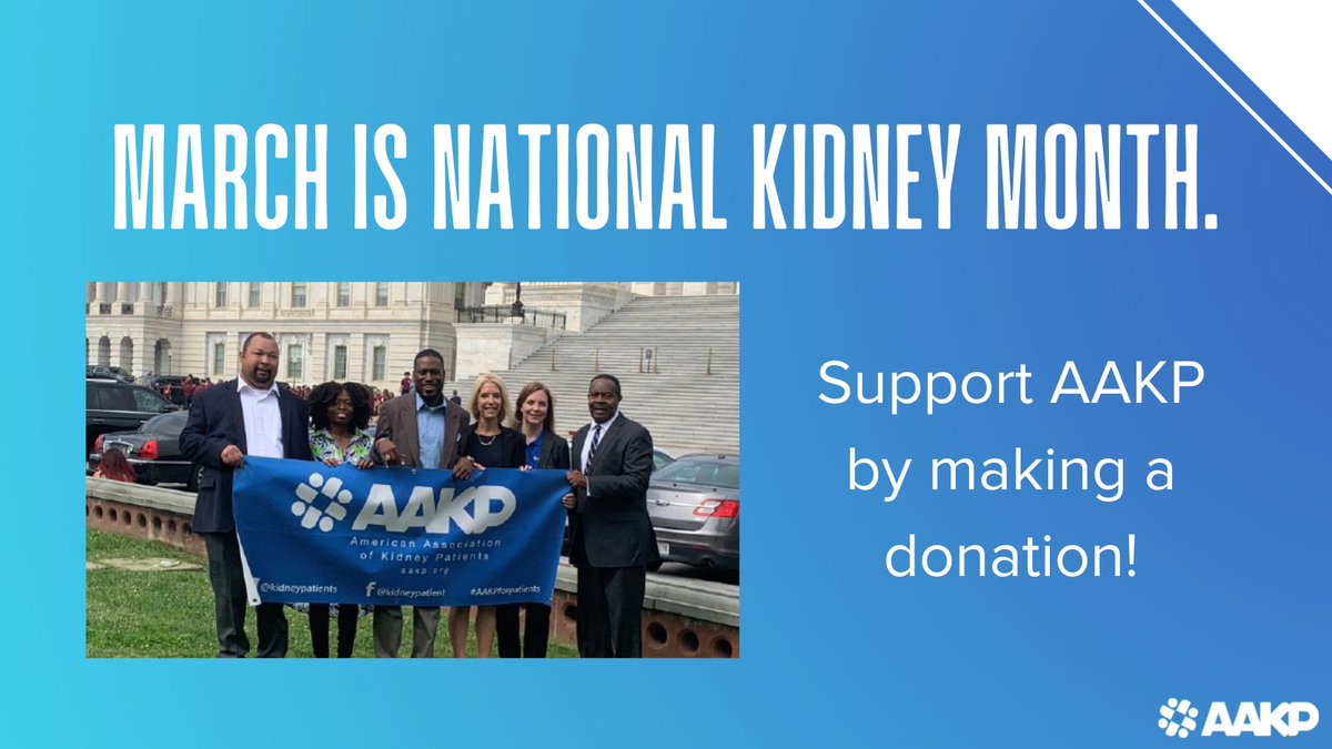 March is #NationalKidneyMonth! Support AAKP’s educational and advocacy programs by making a donation today. Your gift this month will make an impact all year long. AAKP thanks you for your support! ecs.page.link/AyxT #AAKPforPatients