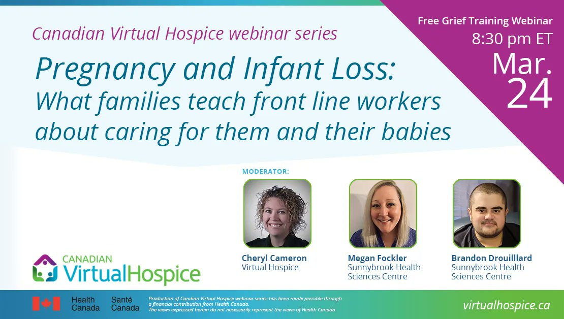 VirtualHospice's tweet photo. Join us tonight for a free webinar! Cheryl Cameron @cherylcookie21, Megan Fockler @ed_team_ON, and Brandon Drouillard @Drouillard55 discuss Pregnancy and Infant Loss: What families teach front line workers about caring for them and their babies. Register: https://t.co/BwNcs3TBbh https://t.co/ASovuYp2JK