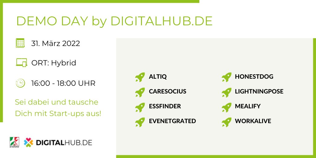 digitalhub_de's tweet photo. Heute in einer Woche findet unser #DEMODAY als Hybridveranstaltung statt! Wir freuen uns auf die 8 Pitches dieser #Startups:
#alitiq, @CareSocius, #Essfinder, #evenetgrated, #HonestDog, #LightningPose, https://t.co/NKg8lRYuXj & #WorkAlive!🚀
Kommt gerne vorbei!😉 https://t.co/bmiO0tUSXJ