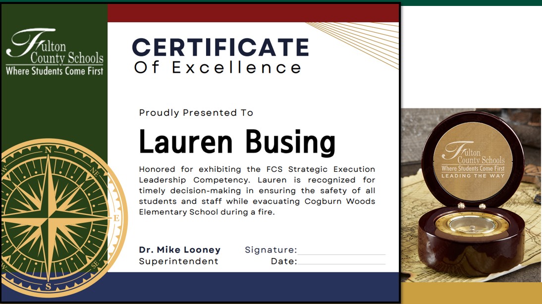 FultonZone7's tweet photo. Congratulations @lisagarosi and @busingteacher for your recognition at today's AdStaff meeting! Proud recipients of the "Leading the Way" compass award as presented by @FCSSuptLooney #FCSBigRock1 #Zone7Proud @FultonCoSchools 🏆🧭💚💛 https://t.co/gcmQeD2iXu