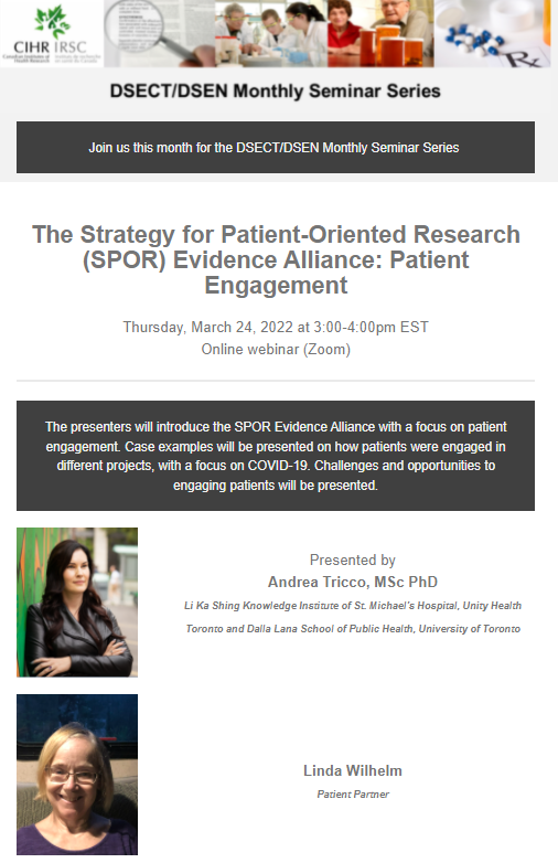 Today! Dr. Andrea Tricco will be presenting on the SPOR Evidence Alliance with a focus on patient engagement. Join us online at 3pm EST bit.ly/3JBsuL9