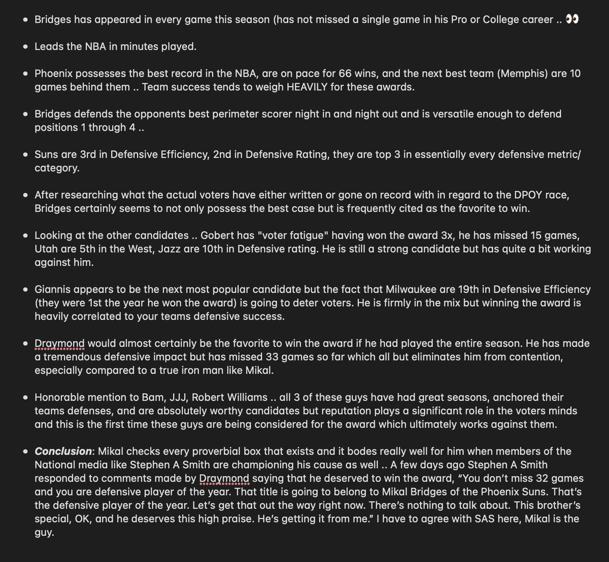 PropStarz's tweet photo. Mikal Bridges has a very strong case to win DPOY. 

You can find him at (+1600) on FD &amp; MGM. 

Below is a brief write up on what makes Mikal the most deserving candidate and why I believe he will ultimately win the award. 

#NBA #NBAFutures #DPOY #NBADPOY https://t.co/5ccVuPWqU3