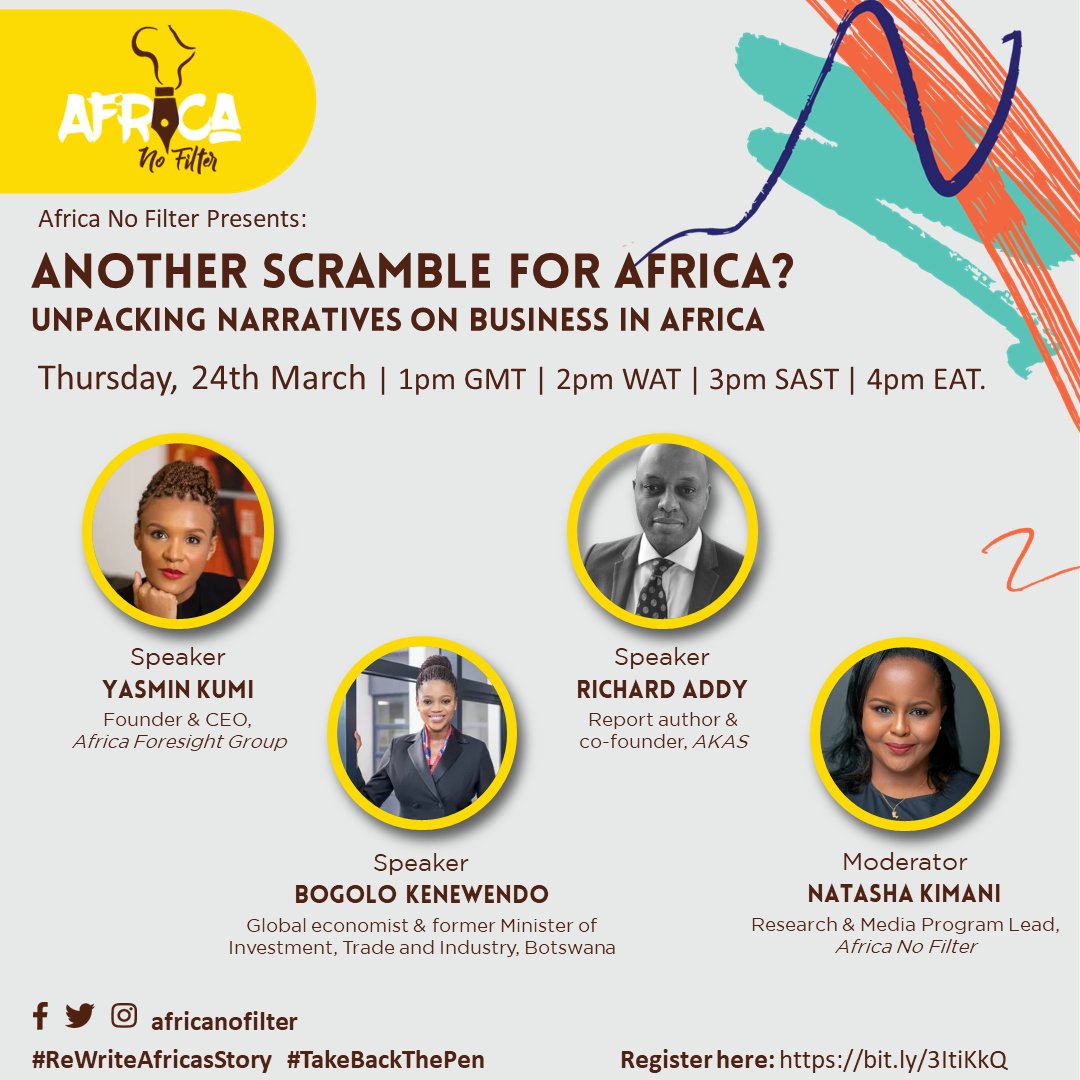 africanofilter's tweet photo. Join business &amp; investment experts @BogoloKenewendo, @ynjkumi, @RichardACAddy as they unpack why it matters that current narratives associated with business in Africa are dangerously distorted. #RewriteAfricasStory #TakeBackThePen https://t.co/nyTxaryErn
