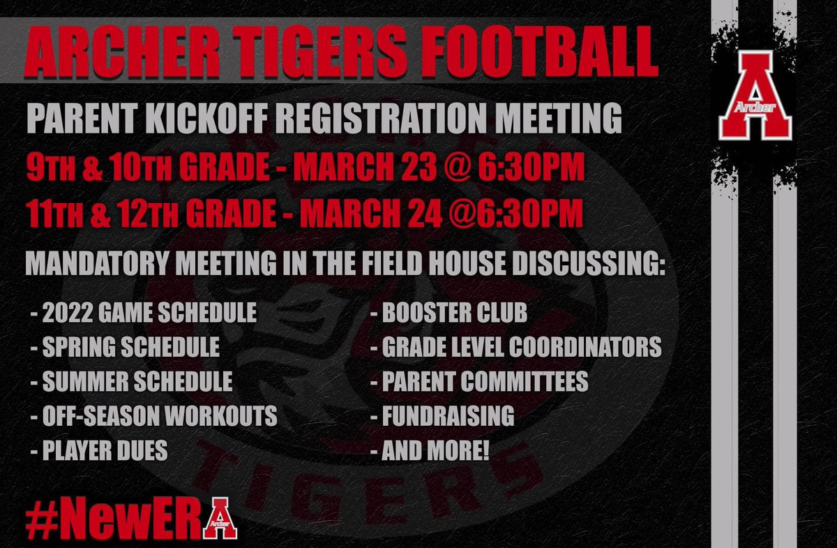 Dante Williams (@_coach_williams) on Twitter photo Senior & Junior 🐅’s - YOUR UP!!
Registration kick off meeting tonight 6:30pm at field house!
NO PARKING in the field house parking lot. Please park in staff / faculty parking lot across from the football field!
Go Tigers 🐅
<a href="/AHSTigersSports/">ArcherAD</a> <a href="/ArcherTigersFB/">Archer Tigers Football</a> <a href="/ArcherHSTigers/">Archer High School</a> Senior & Junior 🐅’s - YOUR UP!!
Registration kick off meeting tonight 6:30pm at field house!
NO PARKING in the field house parking lot. Please park in staff / faculty parking lot across from the football field!
Go Tigers 🐅
<a href="/AHSTigersSports/">ArcherAD</a> <a href="/ArcherTigersFB/">Archer Tigers Football</a> <a href="/ArcherHSTigers/">Archer High School</a>