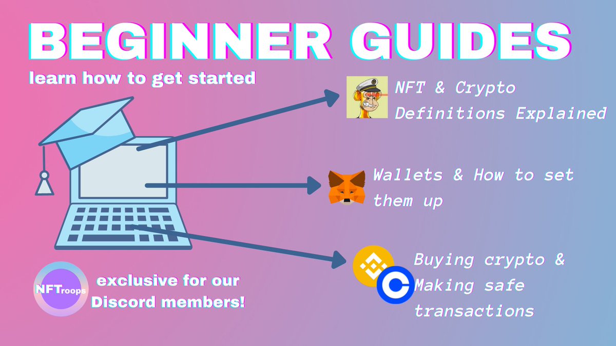 NFTroops_Group's tweet photo. This week @NFTroops_Group will be launching the first 3 beginner guides on How To Get Started in the NFT &amp; Crypto space📘🚀 

Guides will include:
- Definitions
- Wallets 
- Buying Crypto

Get access to all for FREE by joining our Alpha Group (link in bio)

#crypto #NFTCommunity https://t.co/uQPkLR2GfG