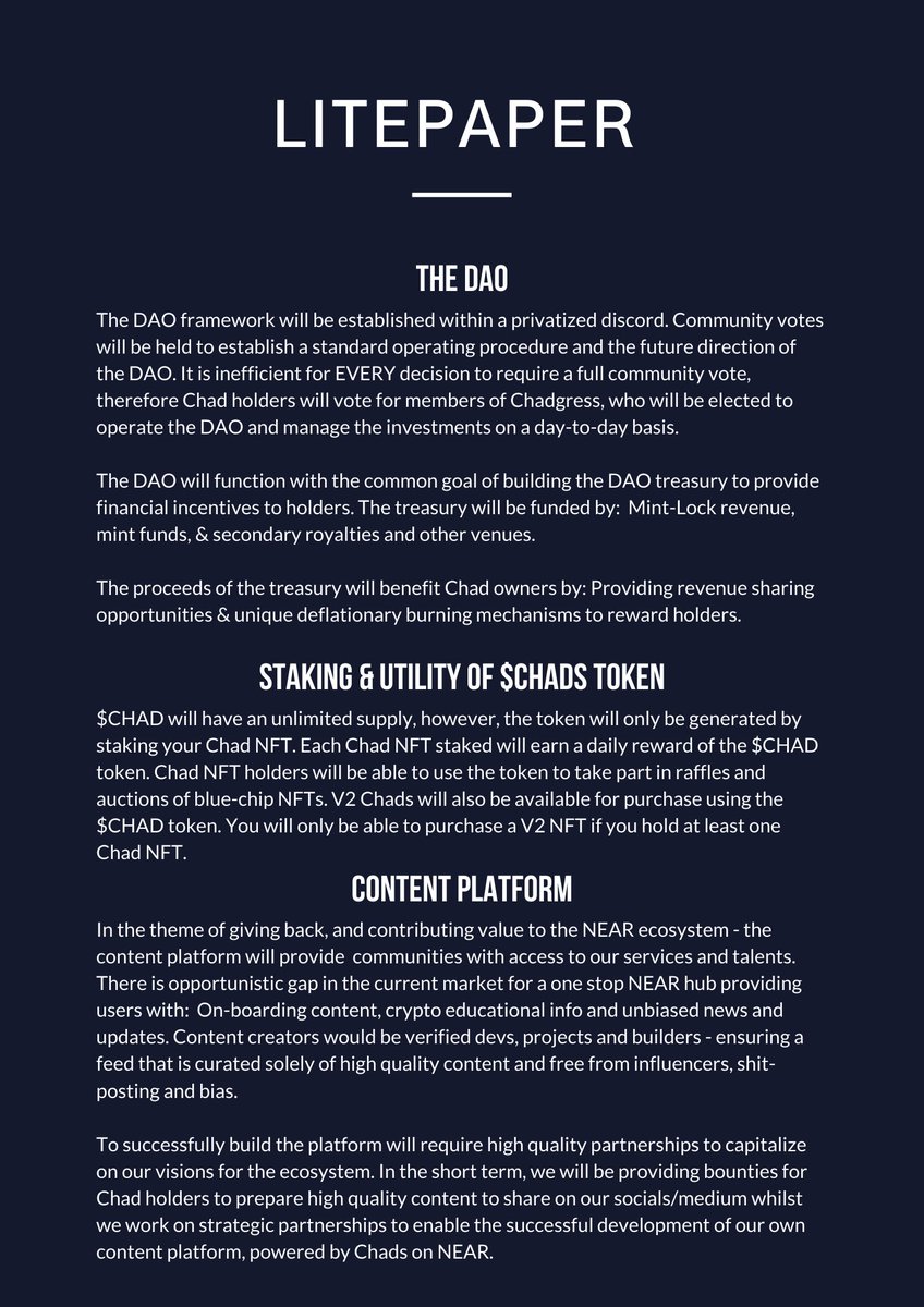 ChadsOnNear's tweet photo. Delighted to share our v2 roadmap and litepaper with the $NEAR community. 

#NEARnft #nearNFTs #nearprotocol #NFTCommunity https://t.co/beKEsWhZIC