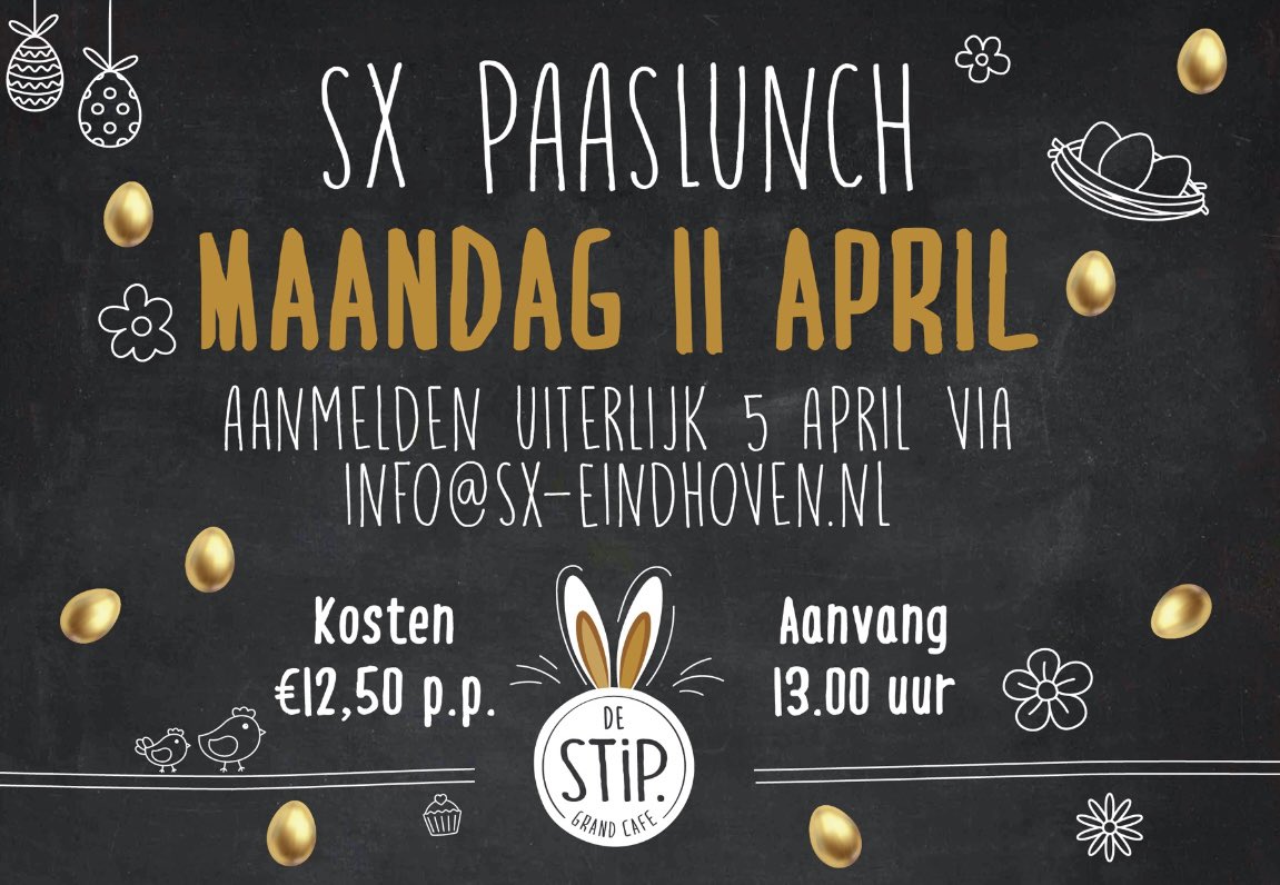 INVITE❕maandag 11 april organiseren wij vanuit SX voor zakelijke relaties een gezellige Paaslunch in Grand Café De Stip van 13:00 - 14:00 uur. De tafel zal gevuld zijn met allerlei lekkers. Ben je er samen met je team bij?#paaslunch #zakelijkpaaslunch #netwerklunch