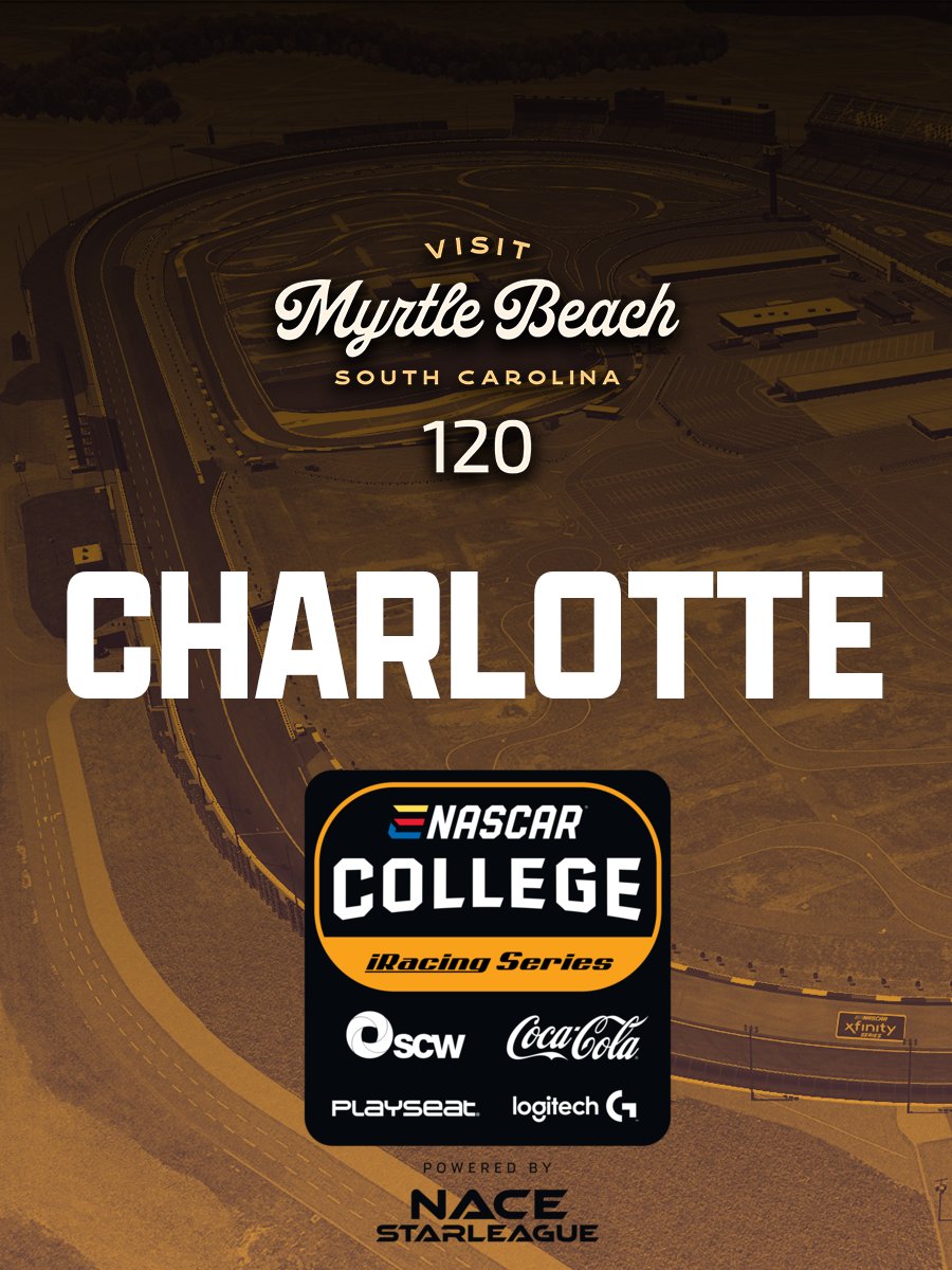 NACEsports's tweet photo. Tune in to https://t.co/BnY6LWddag tonight to watch the @NASCAR Charlotte Motor Speedway @MyMyrtleBeach 120 Race 🏆 

The #eNASCAR College @iRacing Series powered by NACE Starleague goes LIVE tonight @ 8PM EST 🏁 https://t.co/1SF7OPHP22