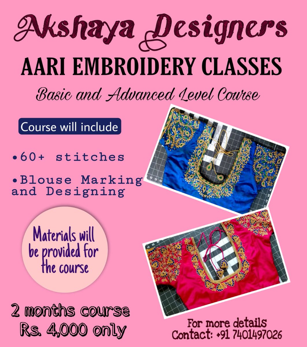 chillzee_in's tweet photo. #AariClass - Basic & Advanced level courses available - 60+ stitches - Blouse marking and designing - 2 months - Only ₹ 4000 - Materials will be provided - Contact +91-7401497026 https://t.co/wYwL93O3bC