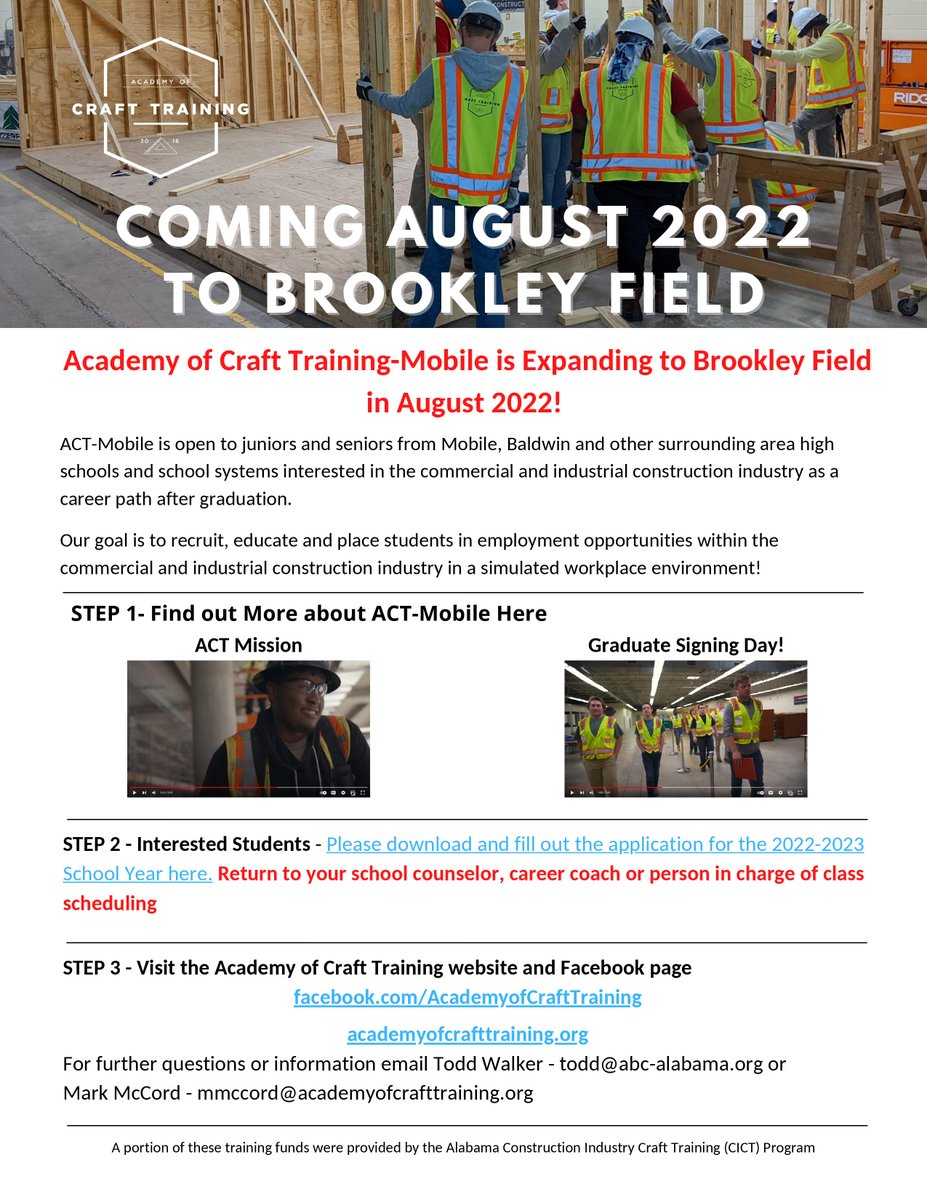 Going to be a junior or senior during the 2022-23 school year? Want to work in a construction trade with a high paying career? You can apply for the new ACT Craft Academy opening at Brookley this August! Visit citronelletech.com for more info and to download an application.