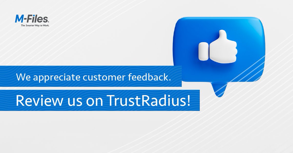M_Files's tweet photo. We value your perspective and welcome transparency, so we are working with TrustRadius to collect customer feedback. Please review us on TrustRadius if you are our customer! https://t.co/HalK35NCBB  #lovecustomers #mfilescustomeradvocacy #customersfirst https://t.co/QfjZqEHoBc
