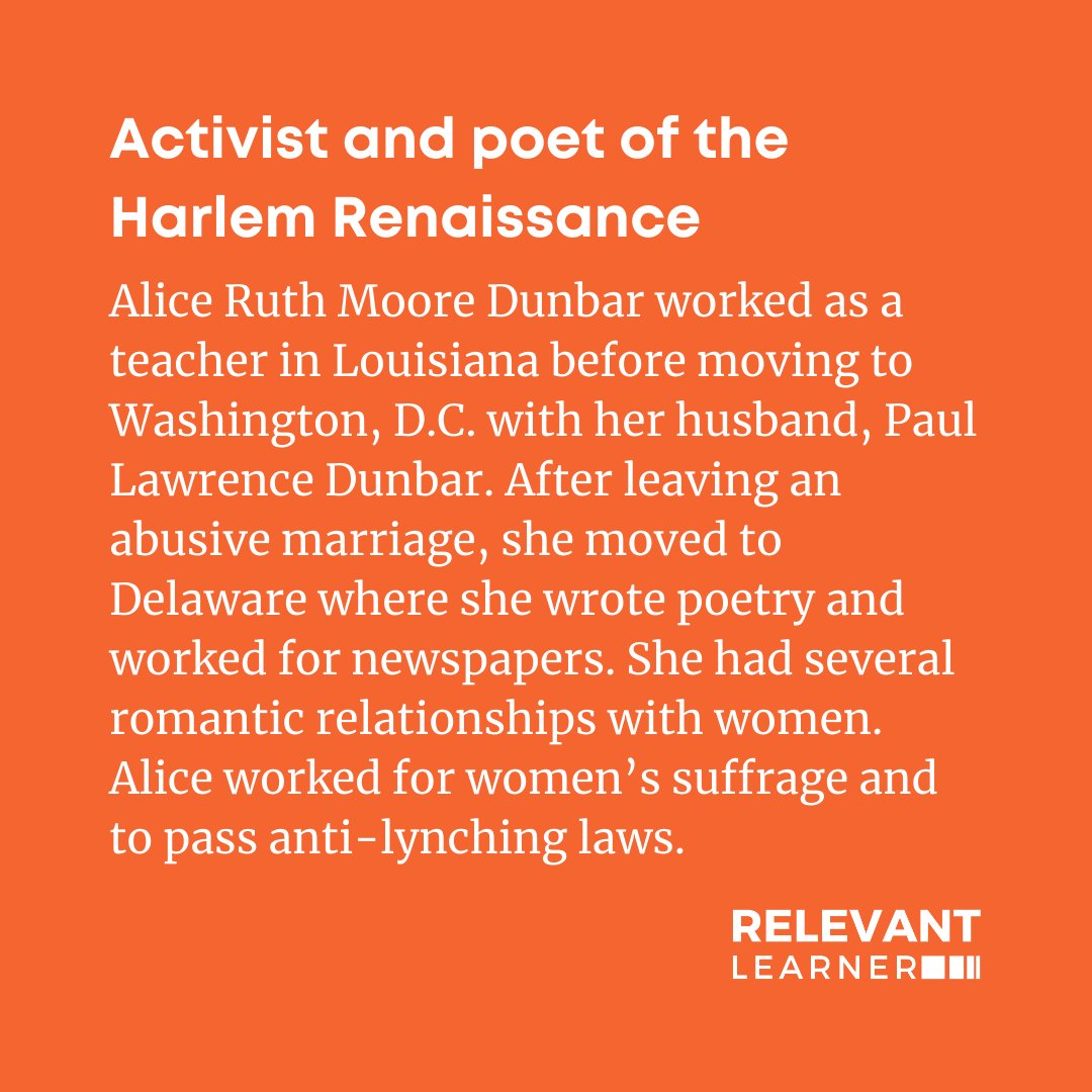 relevantlearner's tweet image. Alice Ruth Moore Dunbar was an activist and poet of the Harlem Renaissance #womenshistorymonth #herstory #WHM #relevantlearner #culturallyresponsive #culturallyresponsiveteaching #culturallyrelevant #culturallyrelevantpedagogy #inclusiveeducation #diversecurriculum #curriculum