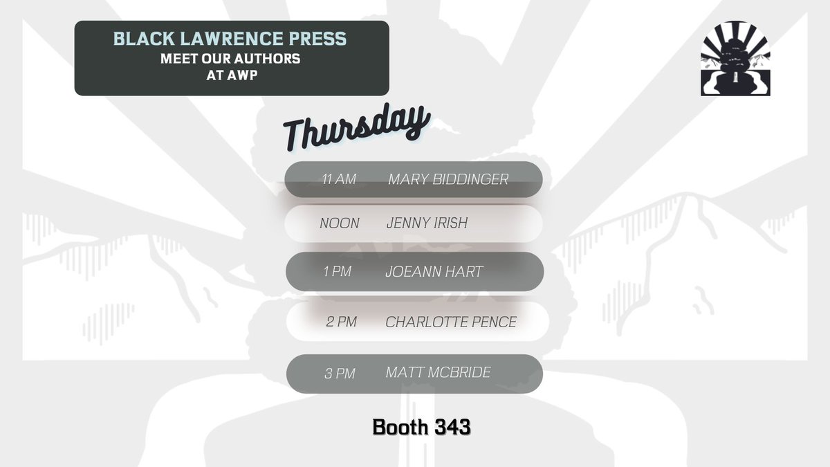 Coming to AWP Book Fair in Philadelphia today? Join us at Booth 343 to meet our authors. Today's schedule:
11 am - Mary Biddinger
noon - Jenny Irish
1 pm - JoeAnn Hart
2 pm - Charlotte Pence
3 pm - Matt McBride
Stop by, say hello, meet our talented authors! #AWP2022 https://t.co/cNKIC0UvnO