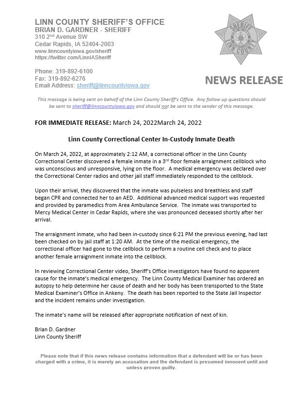 linn county jail inmate dies cause of death unknown the gazette
