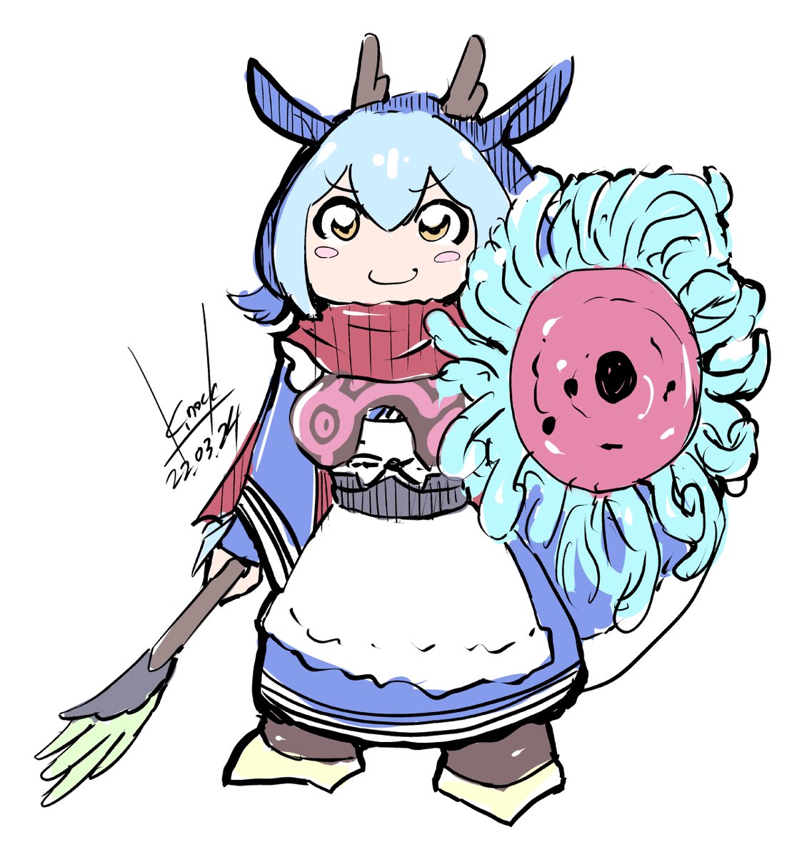 1girl blue hair duel monster solo apron horns smile  illustration images