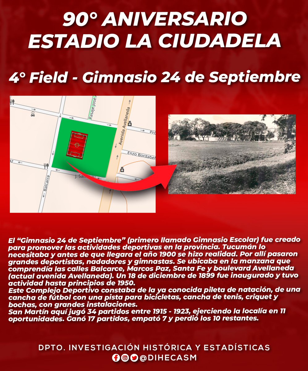 [90° Aniversario - #LaCiudadela] 

🔙 Antes de la construcción de La Ciudadela 🏟️ #SanMartínTuc 🇦🇹 utilizó diferentes campos de juego para hacer las veces de local.

🖼️ En las siguientes imágenes repasaremos todas las canchas que usó San Martín a lo largo de su historia.

[1/2]