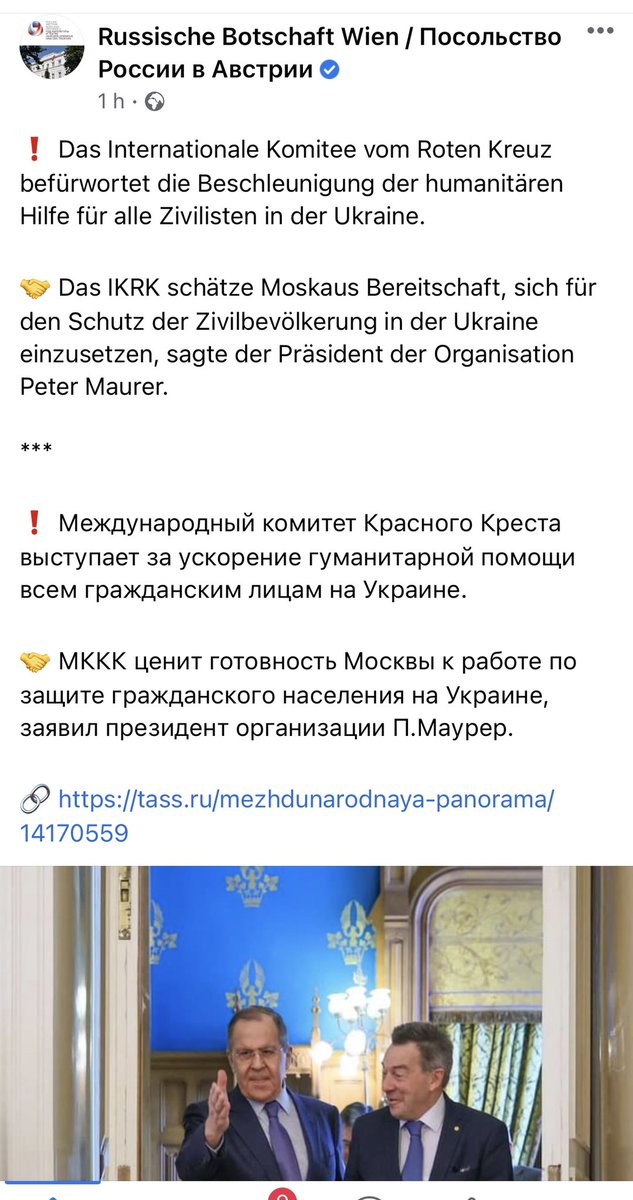 tanjamaier17's tweet photo. Shame on @ICRC what were they thinking with this photo op with Lavrov in Moscow listening to Russia promise to “take care of civilians” in Ukraine. 

An elderly refugee from Chernihiv told me today he saw Russians shooting at civilians. Ample evidence of this from Ukraine. Shame! https://t.co/Wzt2311ID5