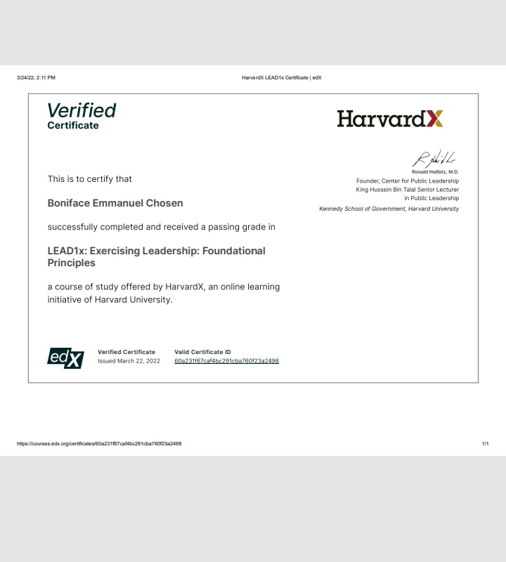 BonifaceChosen's tweet image. I&apos;m happy to earn my first certificate from Harvard University.

#edxonline #HarvardUniversity #Leadership