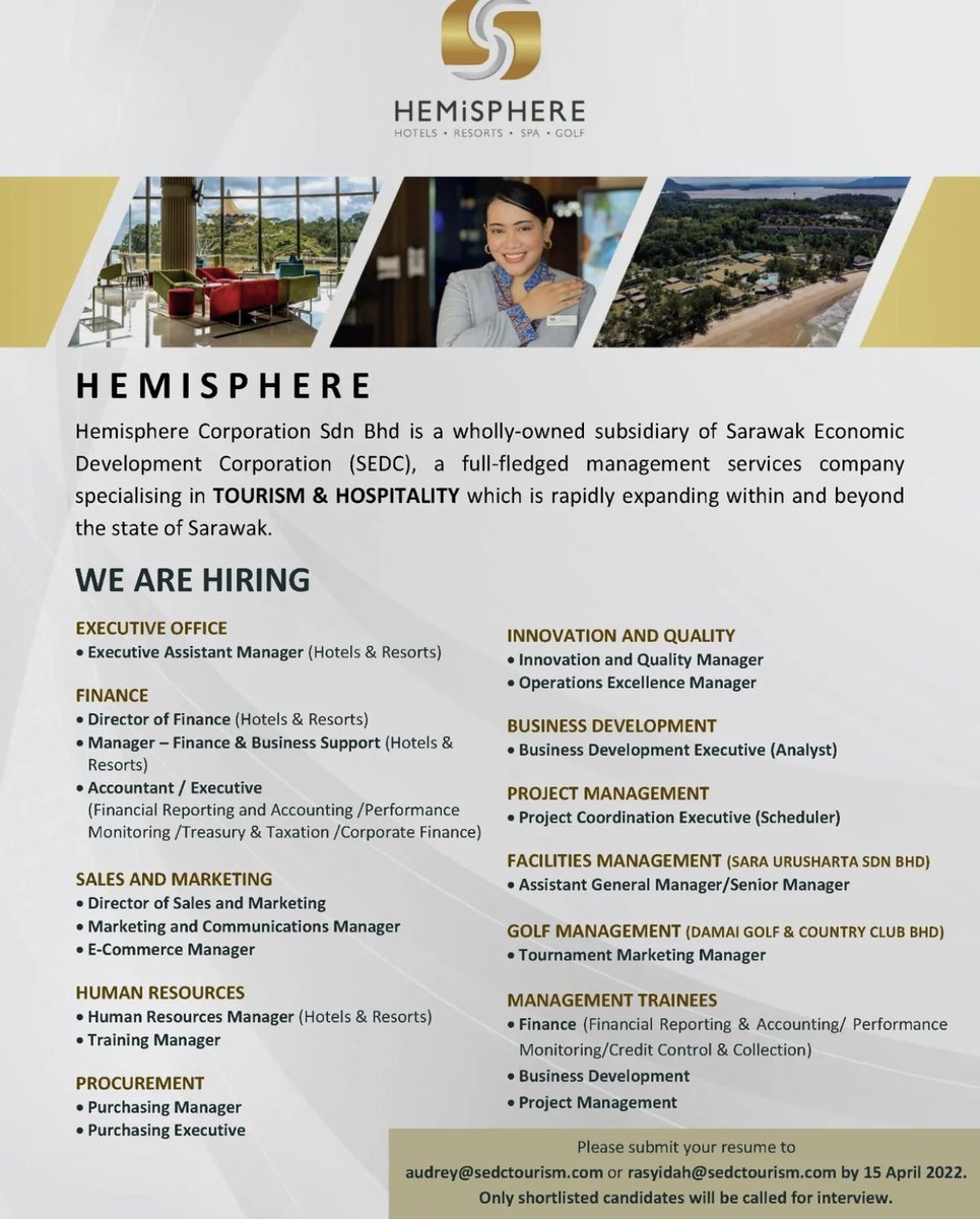 Vacancies available at Hemisphere Sdn Bhd, a wholly owned subsidiary of #SEDC #Sarawak #Hemisphere is a full fledged #Management #services company specialising in #Tourism #Hospitality Give it a go! #vacancies #JobSearch #Jobsfair #kerjakosong <a href="/beritartm/">Berita RTM</a> <a href="/BeritaRTMSwk/">Berita RTM Sarawak</a> <a href="/CATSFM993/">Cats FM</a>