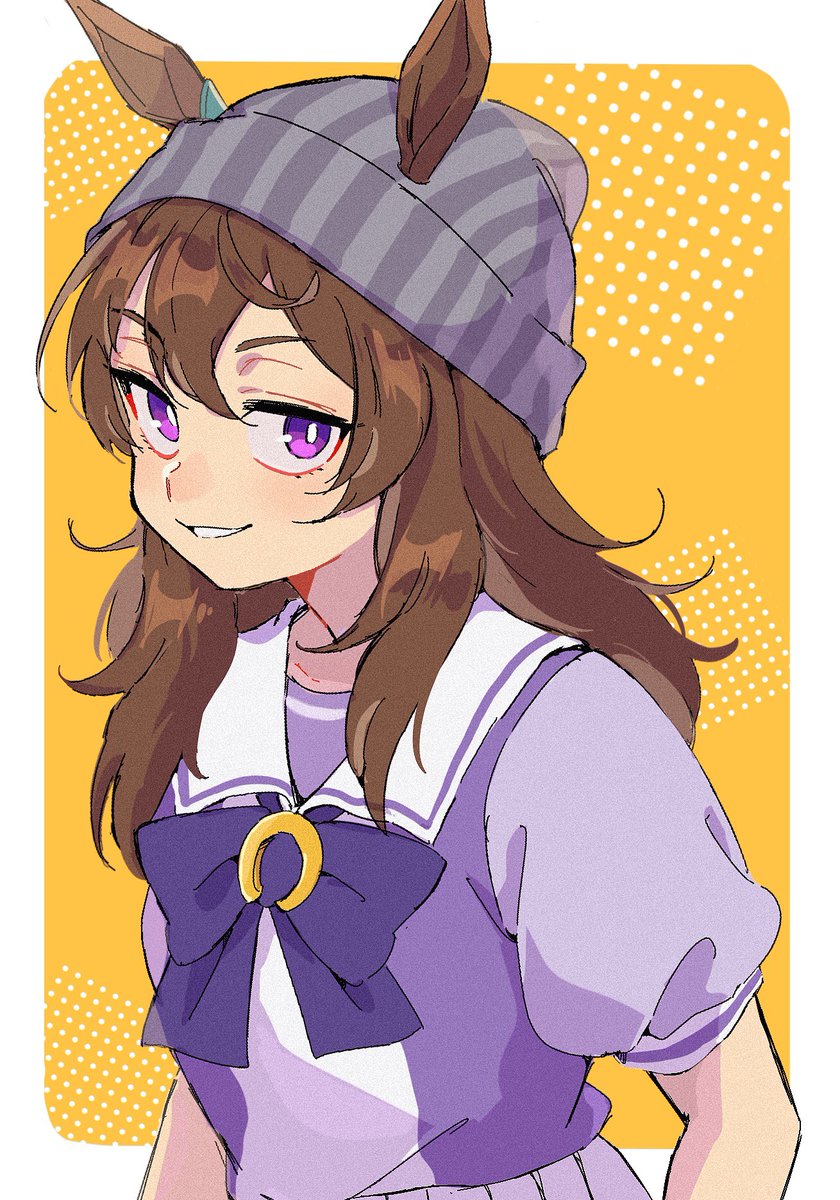 1girl beanie solo hat animal ears brown hair long hair  illustration images