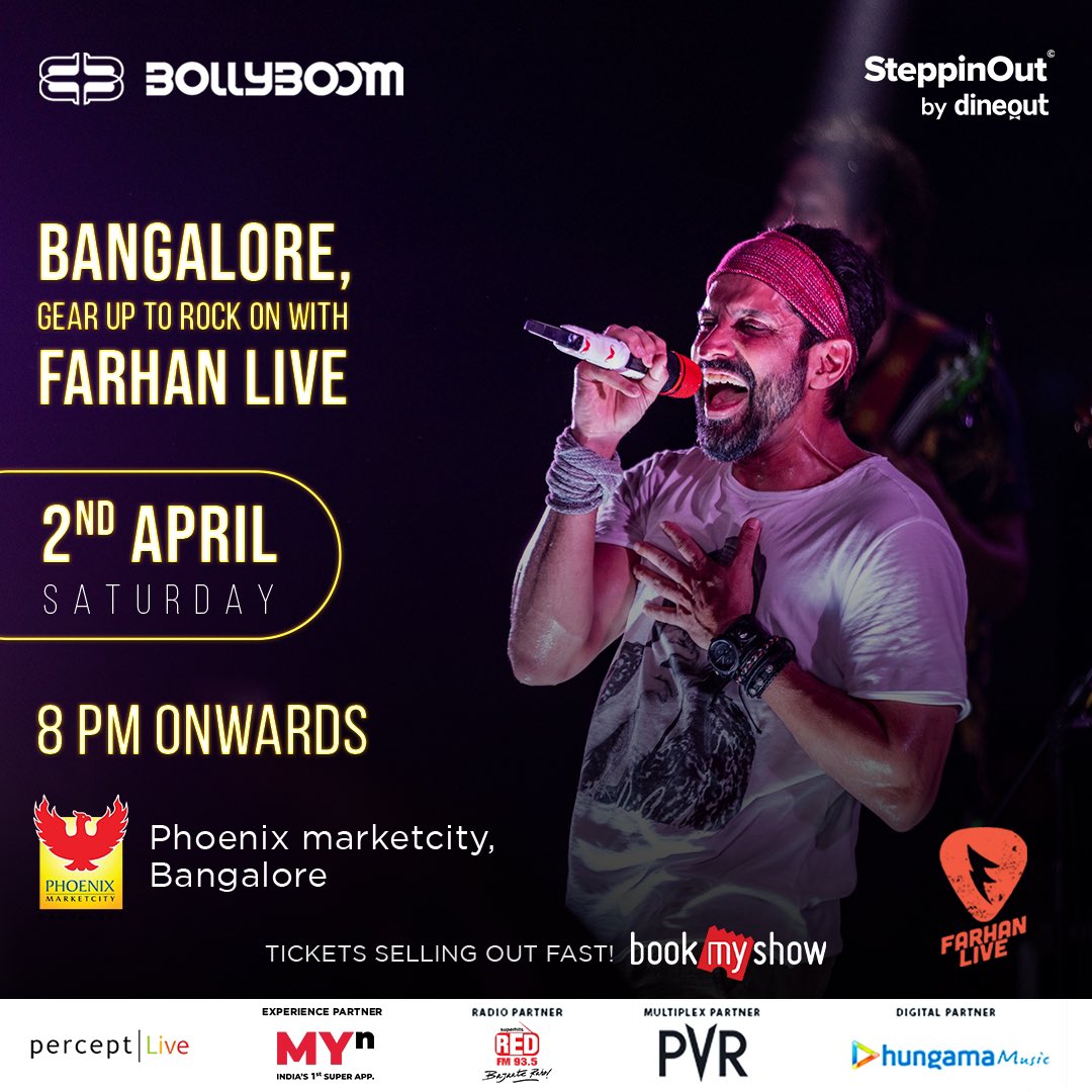 Tickets are out now for Farhan Live at Bangalore!!! Enjoy an unforgettable night full of energy as you rock and vibe to Farhan Akhtar and his band at Phoenix Marketcity on the 2nd of April 

Grab your tickets only on <a href="/bookmyshow/">BookMyShow</a> 

#FarhanAkhtar #FarhanLive #Bollyboom #SteppinOut